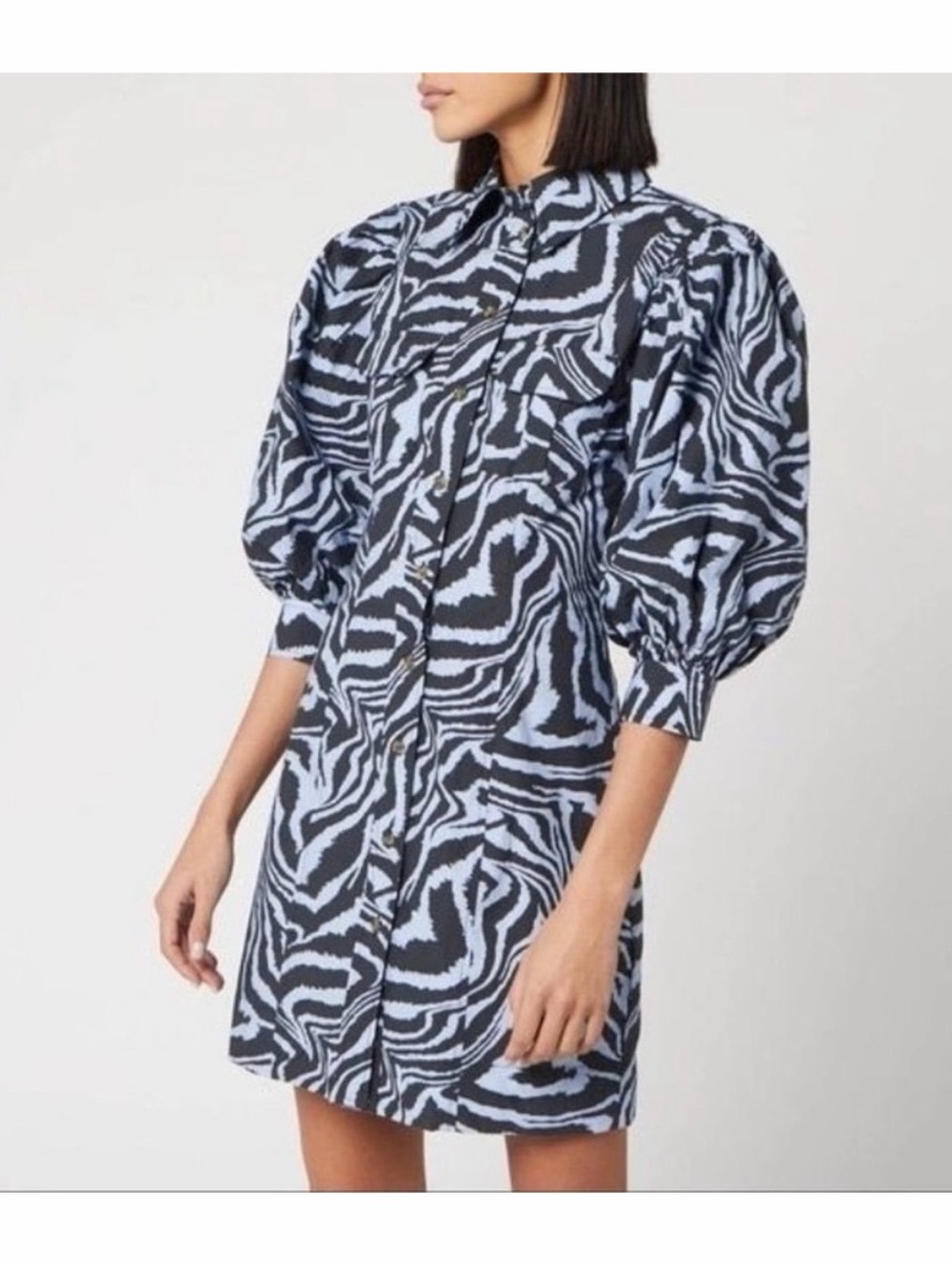 Ganni Blue and Black Zebra-Print Puff-Sleeve Mini Dress